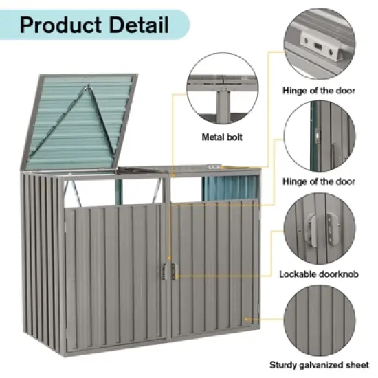 Gulches Garbage Bin Shed Stores 2 Trash Cans Metal Outdoor Bin Shed for Garbage Storage,Stainless Galvanized Steel, Bin Shed for Garden Yard Lawn,Grey image {2}