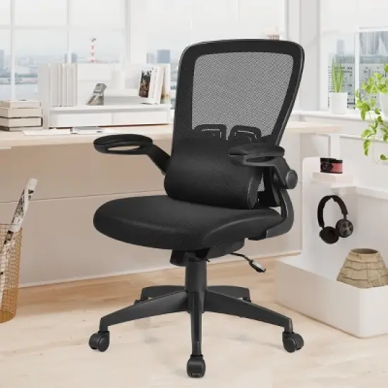 Costway  Mesh Office Chair Adjustable Height&Lumbar Support Flip up Armrest Black image {4}