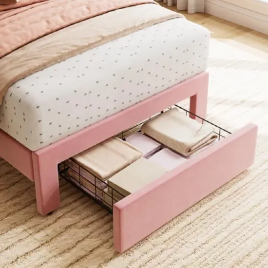 2 Sets Twin Bed Frame with Under-Bed Drawer, Velvet Upholstered Platform Bed with Wave Headboard,No Box Spring Needed image {4}