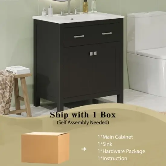 Whisen 30" Bathroom Storage Cabinet Bathroom Vanity with Ceramic Sink, Soft Close Doors, Adjustable Shelf and Flip Drawer image {6}