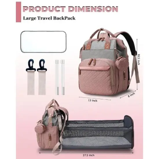 Itopfox Waterproof 3-in-1 Baby Diaper Backpack with Foldable Changing Pad, Large Capacity, USB Port, Pink-Grey image {4}