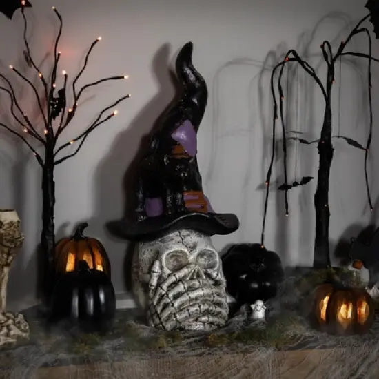 Northlight Skull in Witch Hat with Cat Halloween Decoration - 22.75" image {1}