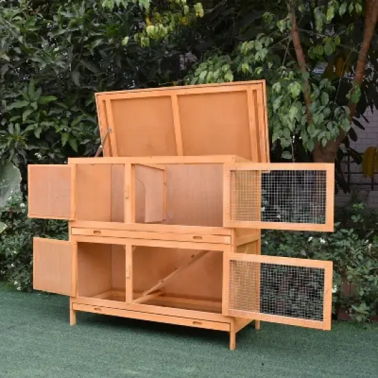PawHut Wooden Bunny Hutch Rabbit Hutch Small Animals Habitat with Ramp, Removable Tray and Weatherproof Roof, Indoor/Outdoor image {6}