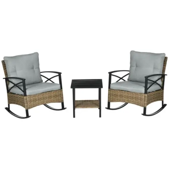 Outsunny 3 Piece Rocking Wicker Bistro Set, Outdoor Patio Furniture Set with two Porch Rocker Chairs, Cushions, Two-Tier Coffee Table image {8}