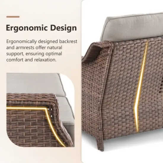 POCASSY 7 Piece 6 inch Thick Upholstered Cushion Patio Furniture Set with Fire Pit Table, All Weather Brown Wicker Outdoor Conversation Set for Deck image {5}