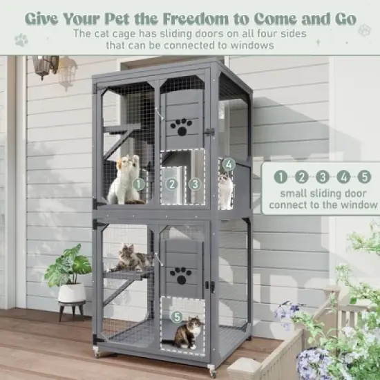 YOOCOZZ Catio  Indoor and Outdoor Cat Enclosure Window Access, 4 Tiers Cat House with Wheels, Resting Box & Waterproof Roof-Gray image {6}