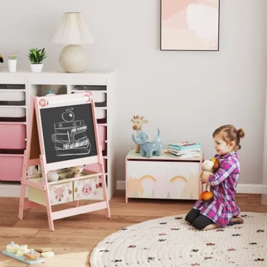 Qaba Toy Box with Lid and Kids Easel with Paper Roll, Blackboard, Whiteboard, Cute Fox Design Kids Activity Furniture Set for Ages 3-8 Years, Pink image {1}