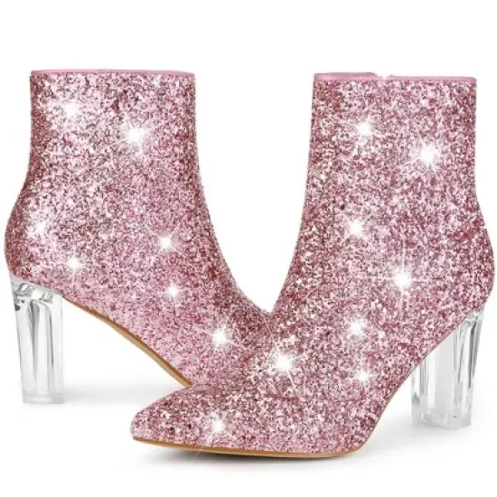 Perphy Women's Sparkly Glitter Clear Block Heels Ankle Booties image {1}