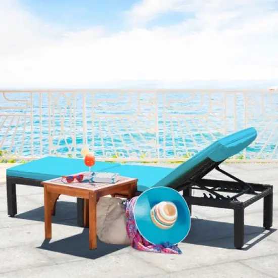Tangkula 2PCS Adjustable Rattan Patio Chaise Lounge Chair Couch w/ Turquoise Cushion image {5}