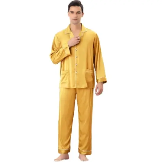 Lars Amadeus Men's Long Sleeves Button Down Satin Pajamas Set image {5}
