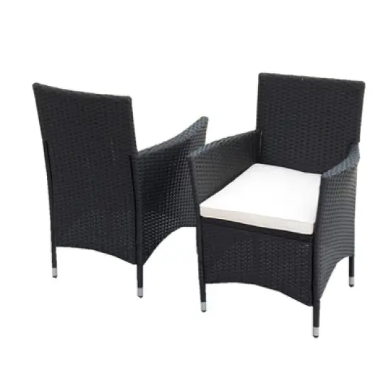 Mshliw 5-Piece Outdoor Patio Wicker Dining Set, Black Wicker with Acacia Wood Top and Creme Cushions for Garden, Courtyard, or Balcony image {3}