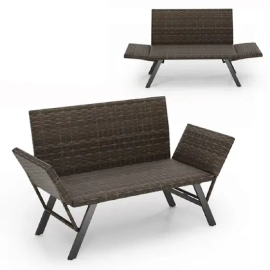 Costway Patio Convertible Sofa for 2 with Adjustable Armrests Metal Frame Wicker Couch image {9}