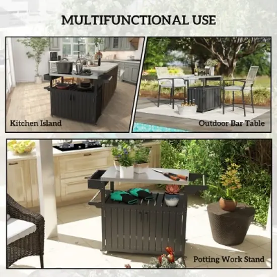 Outsunny Outdoor Bar Cart with Storage, Stainless Steel Top, HDPE Outdoor Kitchen Cart on Wheels, Outdoor Bar Table Beverage Food Prep Station image {4}