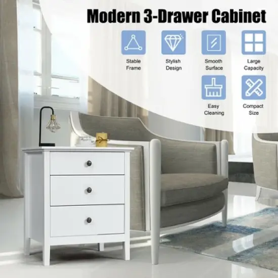 Costway Nightstand Beside End Side Table Accent Table Organizer W/3 Drawers White image {6}