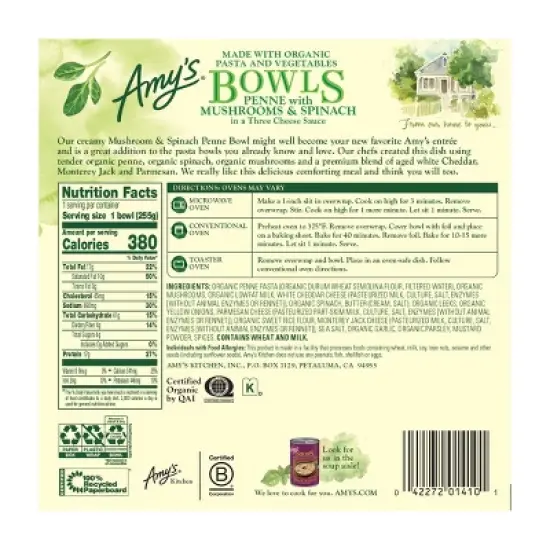 Amys Frozen Penne Bowl with Mushrooms and Spinach - 9oz image {1}