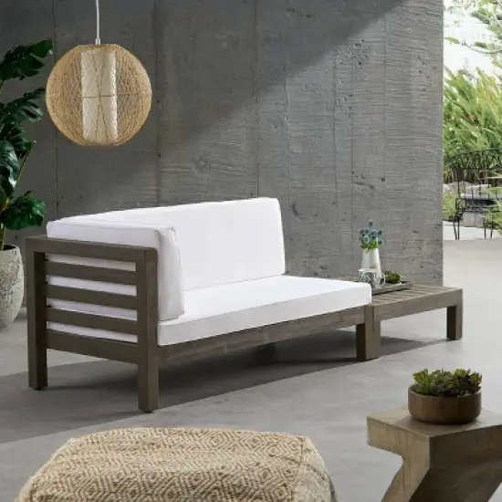 2pc Oana Outdoor Acacia Wood Left Arm Loveseat & Coffee Table with Cushion Gray/White - Christopher Knight Home image {3}