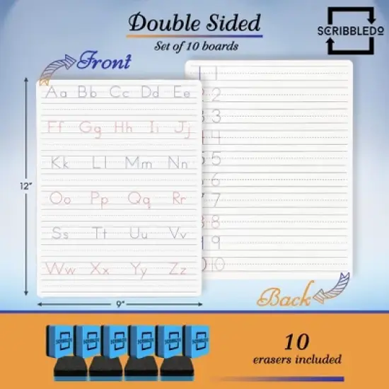 SCRIBBLEDO Handwriting Practice 9"x12" Dry Erase Board Pack of 10 w Erasers image {1}