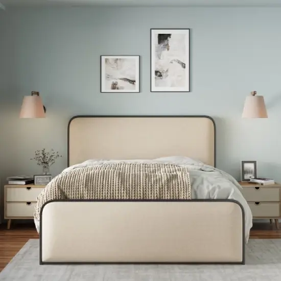 Okak Modern Platform Bed Frame with Curved Upholstered Headboard and Footboard Metal Slats Storage Bed Easy Assembly, Beige image {5}