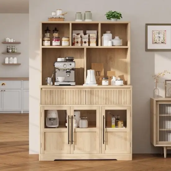 60'' Kitchen Pantry Cabinet, Tall Pantry Storage Cabinet with Microwave Stand, Farmhouse Kitchen Hutch with Storage Drawers image {9}