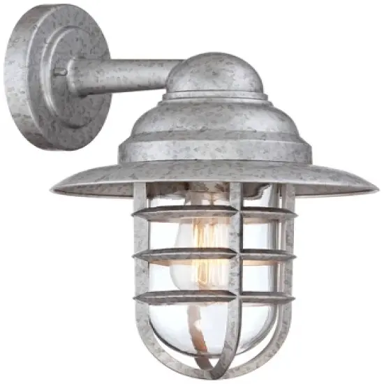 John Timberland Marlowe 13 1/4" High Farmhouse Rustic Hooded Cage Outdoor Wall Light Fixture Mount Porch House Set of 2 Galvanized Clear Glass Shade image {5}