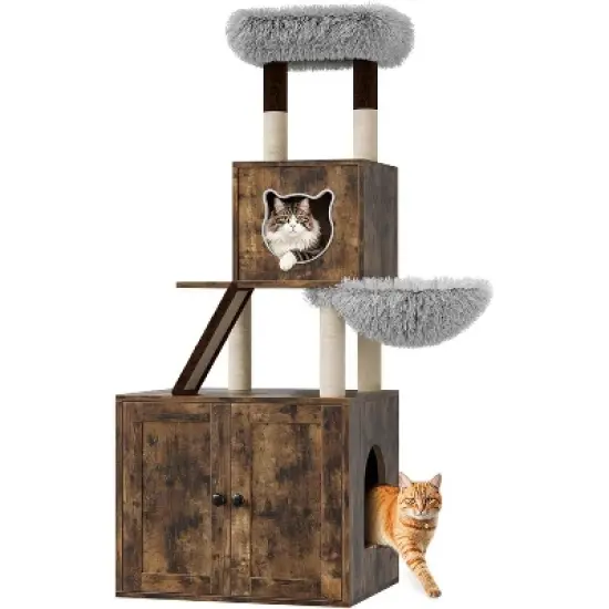 Litter Box Enclosure with Cat Tree Tower and Condo, Hidden Cat Washroom Furniture with Sisal Scratching Post & Soft Plush Perch image {8}