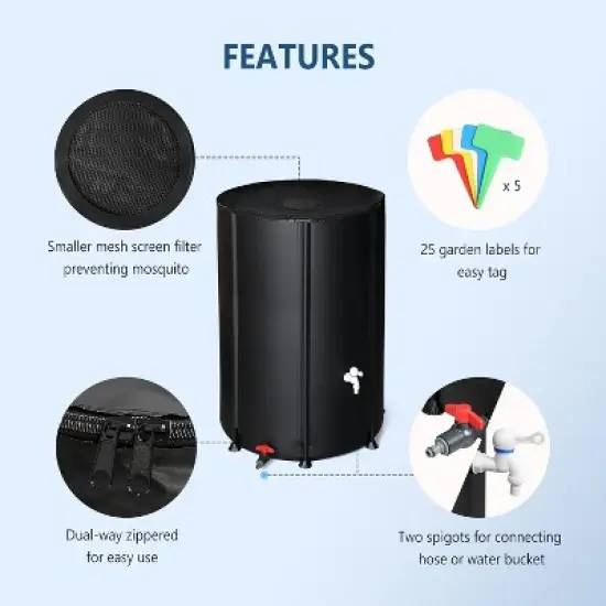VINGLI Upgraded 100 Gallon Collapsible Rain Barrel, Portable Water Storage Collection System with Filter Spigot Overflow Kit Black image {5}