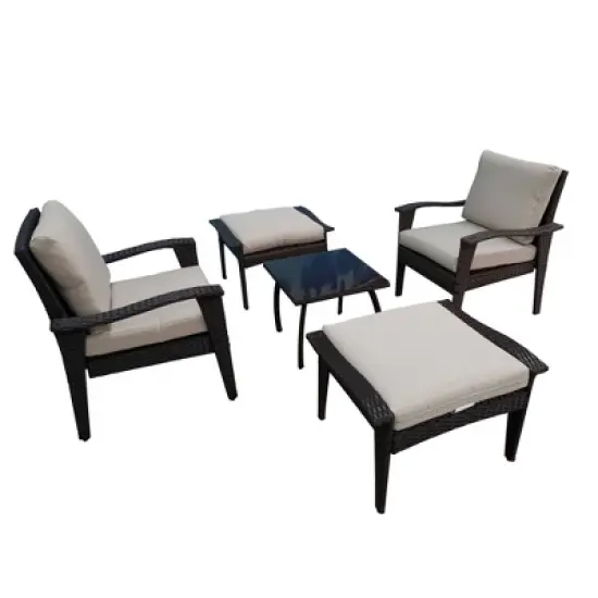 5pc Wicker Patio Set with Cushions - Brown/Beige - GODEER image {3}