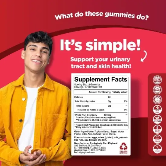 Extra Strength Cranberry Gummies for Men & Women, Delicious Potent Supplement for Bladder, Kidney, & Urinary Tract Health, Phytoral, 60ct image {2}