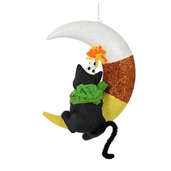 Bethany Lowe 5.25 In Party Kitty On Candy Corn Moon Halloween Tree Ornament , Halloween Decor Halloween Black Cat Mouse (1PC) image {1}