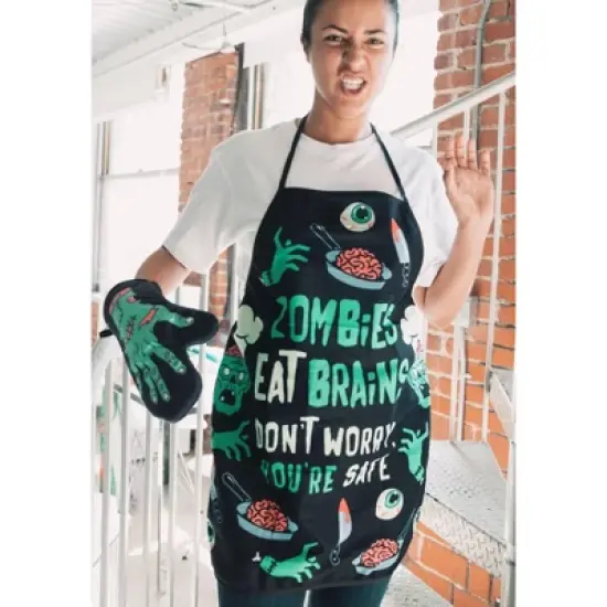 Zombies Eat Brains Don't Worry You're Safe Funny Halloween Brains Cooking Graphic Kitchen Smock - Crazy Dog Bakeware For Halloween Season image {2}