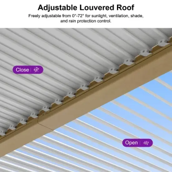 PURPLE LEAF Louvered Pergola Outdoor Aluminum Pergola with White Adjustable Rainproof Roof Wood Grain Frame Hardtop Gazebo for Patio Deck Garden image {3}
