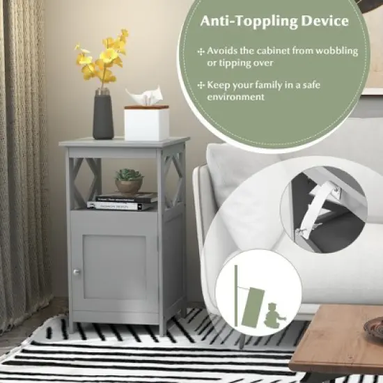 Costway Bathroom Floor Cabinet Side Storage Organizer with Open Shelf & Single Door Grey/White image {7}