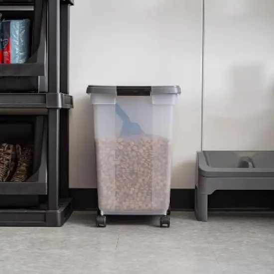 IRIS USA Dog Food Storage Container 50 lbs, with Removable Rolling Wheels & Included Scoop, for Dog Cat Bird and Other Pets, Clear/Dark Gray image {4}