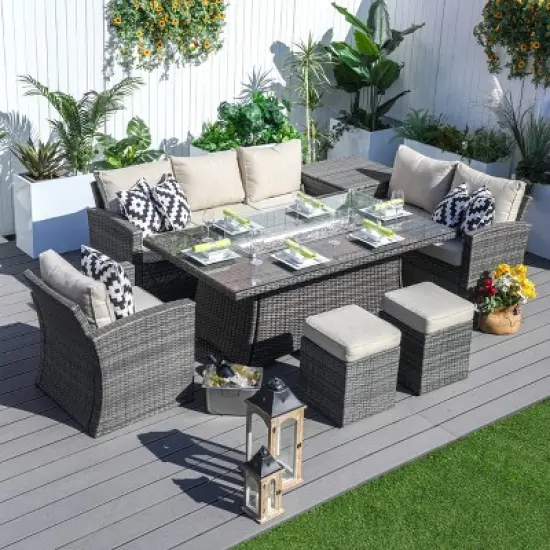 Moda Furnishings 6 - Person Wicker Patio Dining Set with Rectangular Table, Cushions Included image {9}