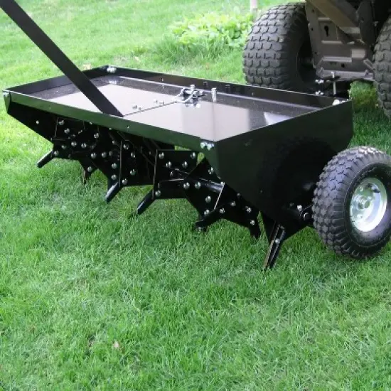 Yard Tuff 48 Inch Steel Tow Behind Plug Aerator with Pneumatic Tires, 32 Coring Plugs, and Universal Hitch For Lawn Mowers, Garden Tractors, and ATVs image {2}