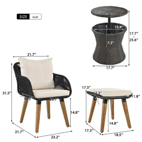 ELJGET 5PCS Wicker Patio Bistro Set with Ottomans, Cushions & Ice Storage Table image {7}
