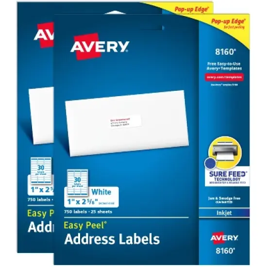 Avery Address Labels, 1" x 2-5/8", White, 1,500 Labels (8160) image {9}