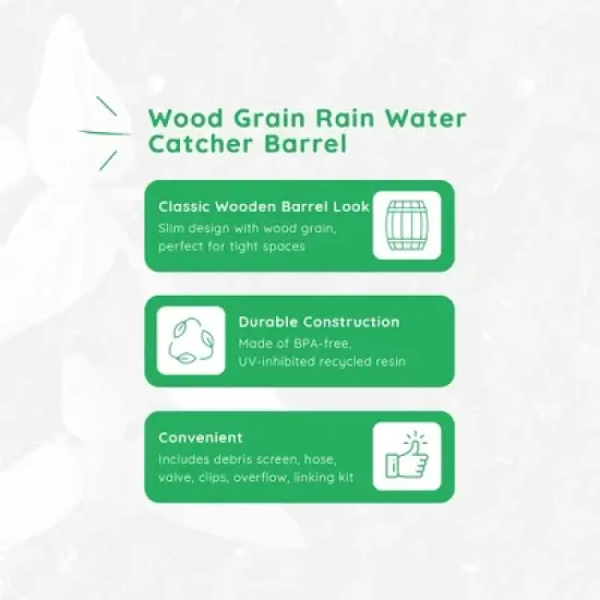 FCMP Outdoor WG4000-GRY Wood Grain Rain Barrel with Flat Back for Environmentally Friendly Watering of Outdoor Plants, Gardens, and Landscapes, Black image {1}