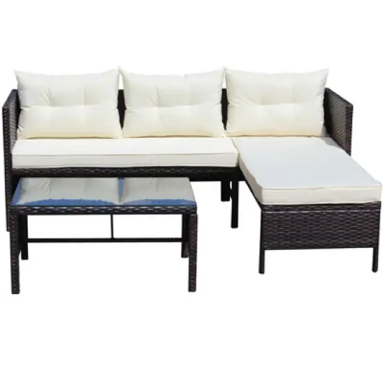 FIONECA 3-Piece Outdoor Wicker Rattan Patio Conversation Set with Cushions, Beige image {2}