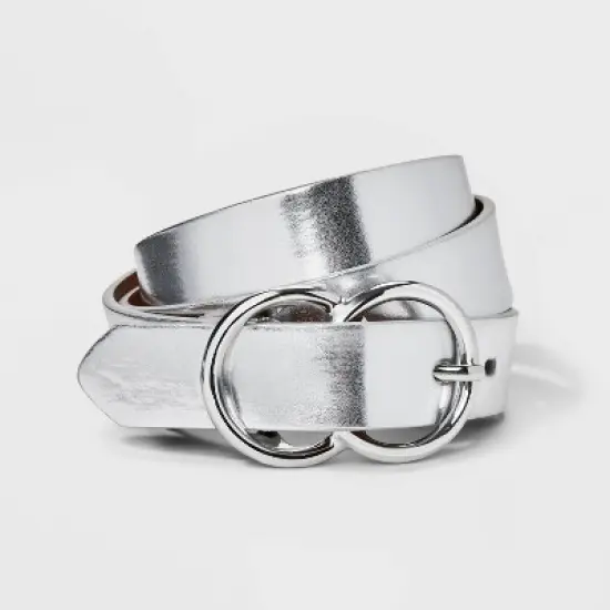 Women's Metallic Double Buckle Belt - A New Day&trade; Silver image {3}