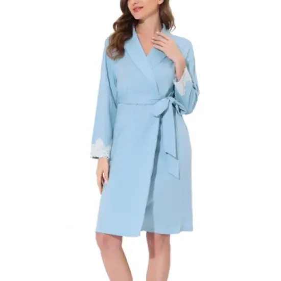 cheibear Womens Robe Knit Lace Trim Lounge Sleepwear Long Sleeve Bathrobe image {5}