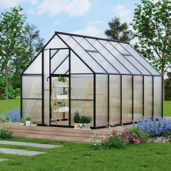 homfan Aluminum Polycarbonate Greenhouse w/ Roof Vent - Heavy Duty Quick Setup Walk-in Greenhouse for Outdoors, Black image {10}