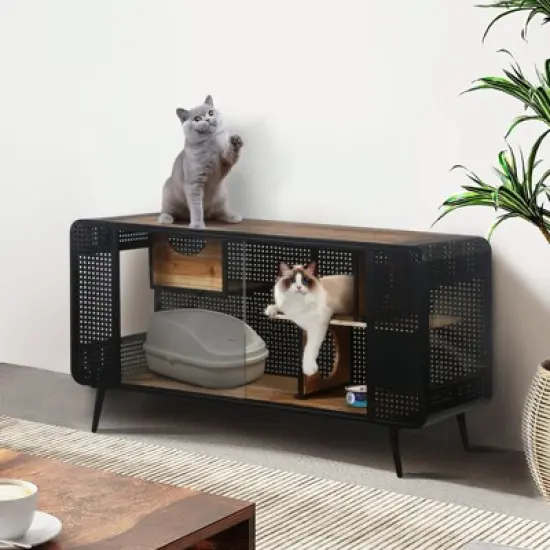 DSVIMOY Spacious Cat House with Glass for Living Room, Hallway, Study and Other Space, Black&Brown, 55.12"*22.83"*29.92" image {4}