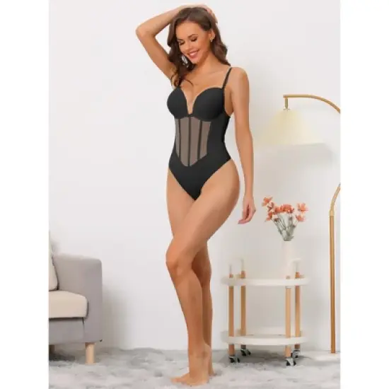 Allegra K Women's Mesh Panel Tummy Control Sculpting Leotard with Adjustable Straps image {4}