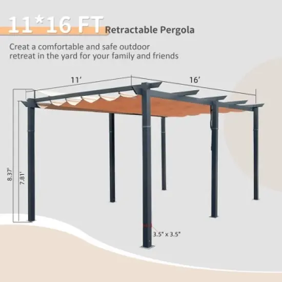 DOMETOUR 11x16 FT Outdoor Retractable Pergola with Weather-Resistant Canopy, Aluminum Patio Gazebo for Garden/Courtyard, Khaki image {4}