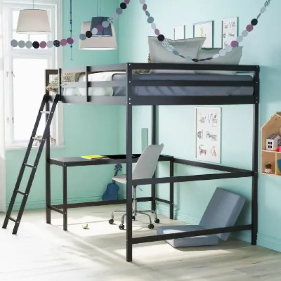Flash Furniture Riley Loft Bed Frame with Desk, Wooden Bed Frame with Protective Guard Rails & Ladder for Kids and Teens image {3}