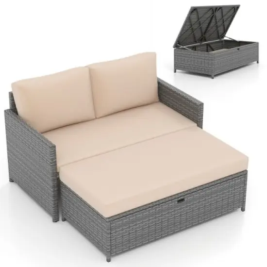 Tangkula Outdoor Rattan Daybed Wicker Loveseat & 31 Gallon Storage Ottoman w/Soft Cushions Space-Saving 2-Person image {9}