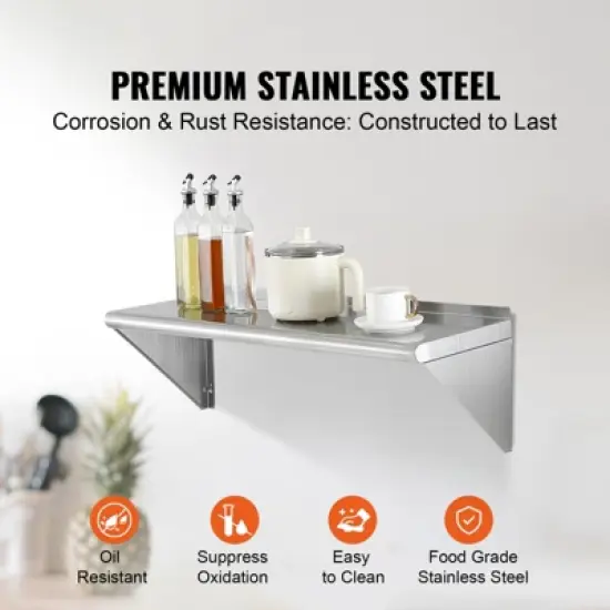 VEVOR 12" x 36" Stainless Steel Shelf, Wall Mounted Floating Shelving with Brackets, 250 lbs Load Capacity Commercial Shelves image {3}
