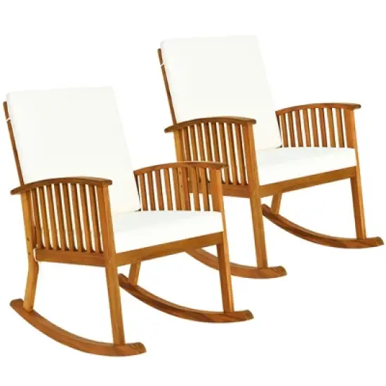 Costway 2PCS  Acacia Wood Rocking Chair Garden Lawn W/ Cushion image {9}