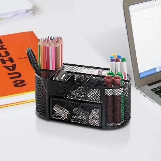 Aghana Digitals 8-Compartment Metal Mesh Desk Organizer with Drawer - Black Stationery Holder image {4}